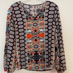 Navy, Orange and Turquoise Long Sleeved Blouse in excellent used condition.